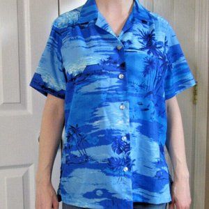 Authentic Hawaiian Shirt Vintage Blue Ocean Sail Boat Palm Tree Polyester size M